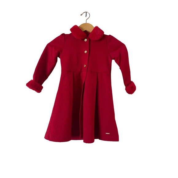 Tahari Girls Faux Fur Trim Collar Princess Dress Coat Size 5 Red Three-Button